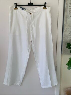 Quickreflex White 100% Linen Loose Fit Drawstring Waist Pants Size L